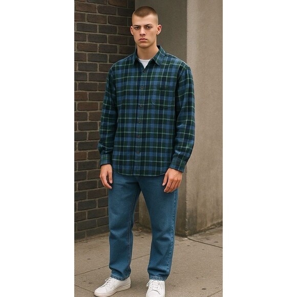 LL Bean Flannel Shirt Mens Performance XL Reg Traditional Fit Green Blue Cotton - Picture 1 of 9